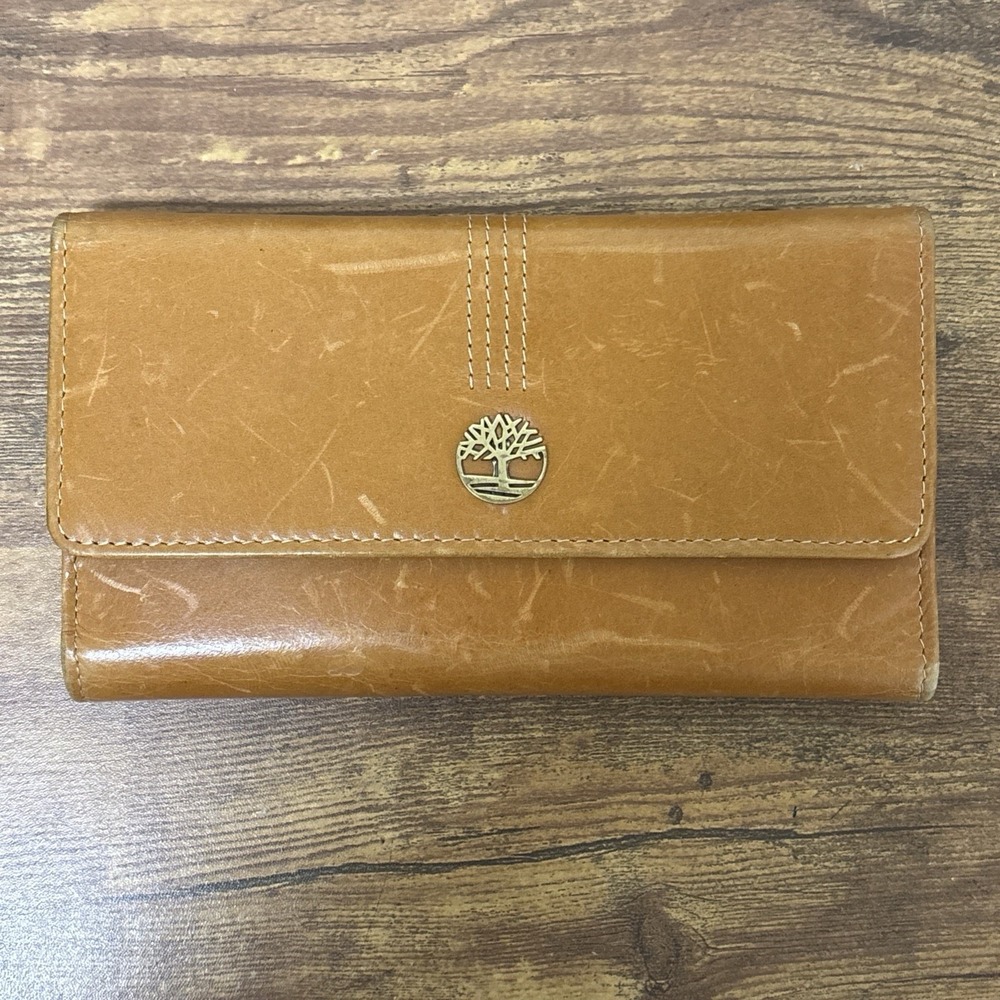 Vintage Timberland Genuine Leather Trifold Wallet Brown Card Pocket Zipper Back